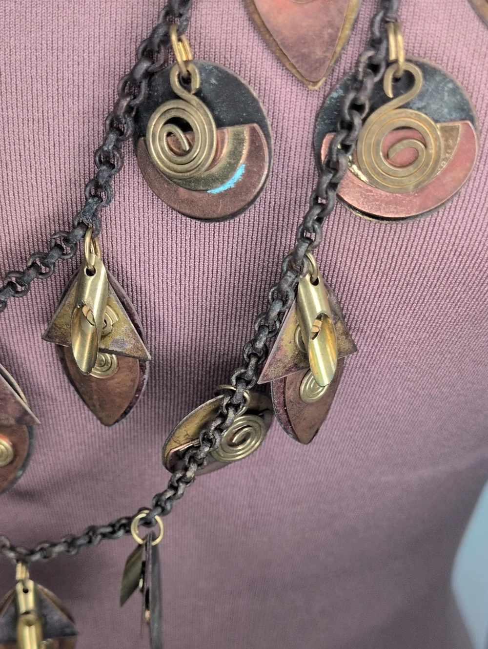 Vintage 80 Brutalist Mixed Metal Layered Statement Necklace Brass Copper - As Is